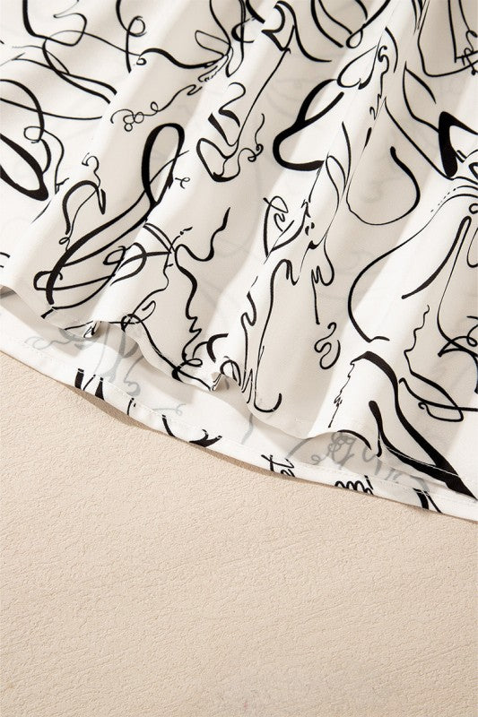 Abstract Print Balloon Sleeve Crew Neck Blouse