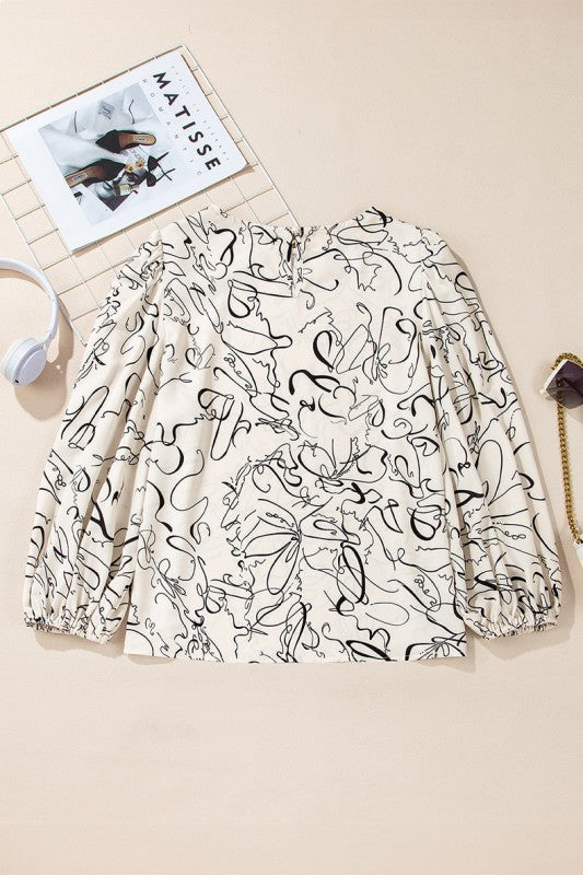Abstract Print Balloon Sleeve Crew Neck Blouse