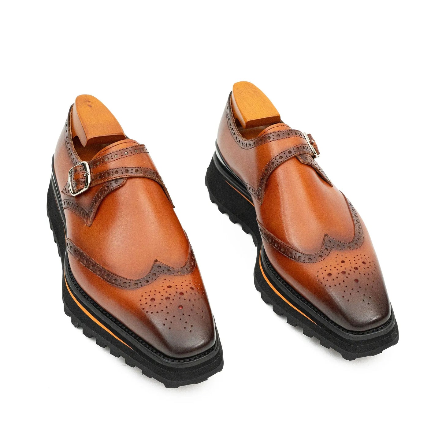 Brown Brogue Monk Shoes With Chunky Sole