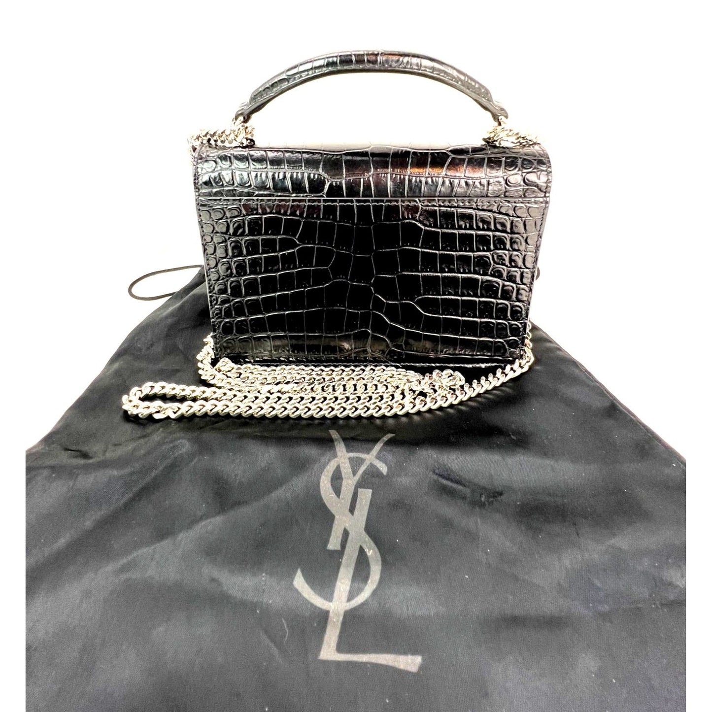 Saint Laurent Black Leather Sunset Wallet on a Chain Crocodile Embossed Bag