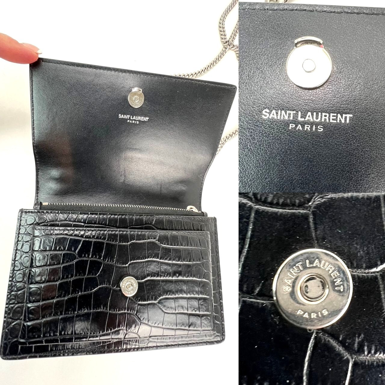 Saint Laurent Black Leather Sunset Wallet on a Chain Crocodile Embossed Bag