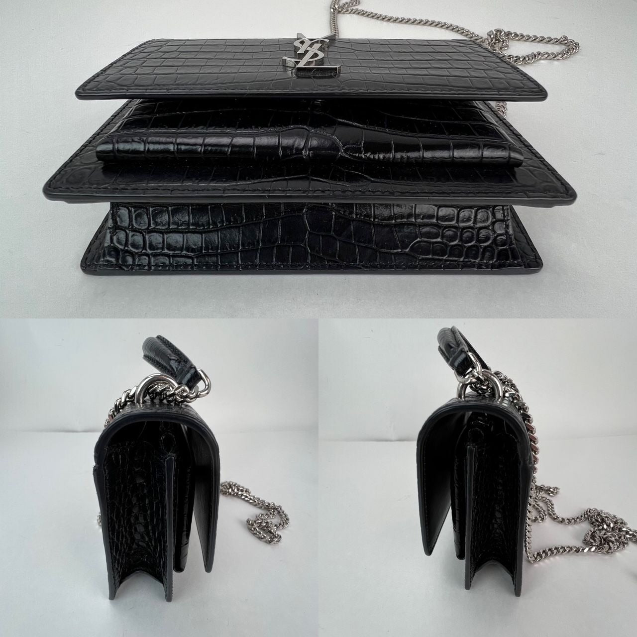 Saint Laurent Black Leather Sunset Wallet on a Chain Crocodile Embossed Bag