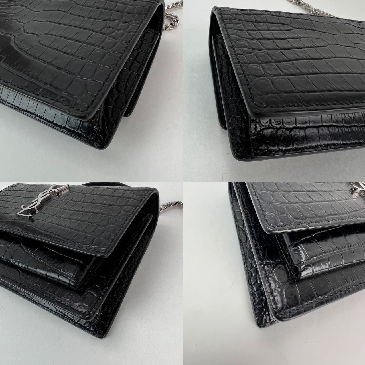 Saint Laurent Black Leather Sunset Wallet on a Chain Crocodile Embossed Bag
