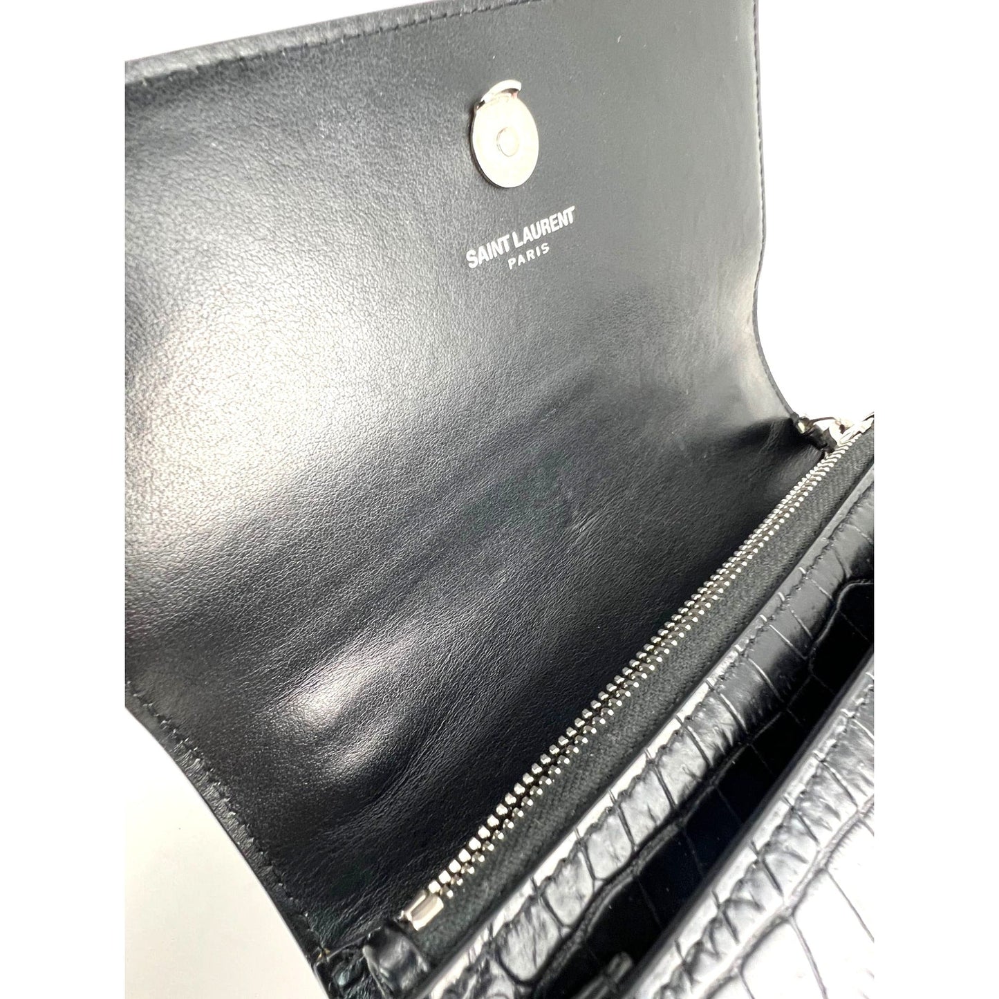 Saint Laurent Black Leather Sunset Wallet on a Chain Crocodile Embossed Bag