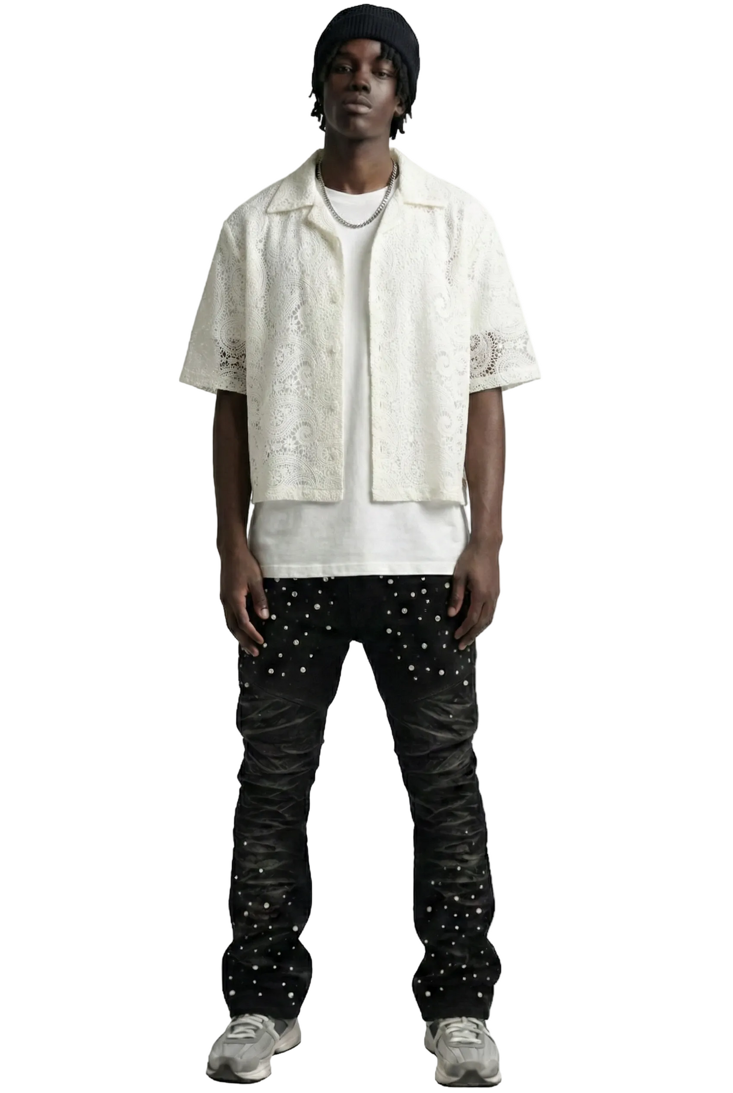 DEEZ Paisley Mesh Crop Top Short Sleeve Buttondown Shirt