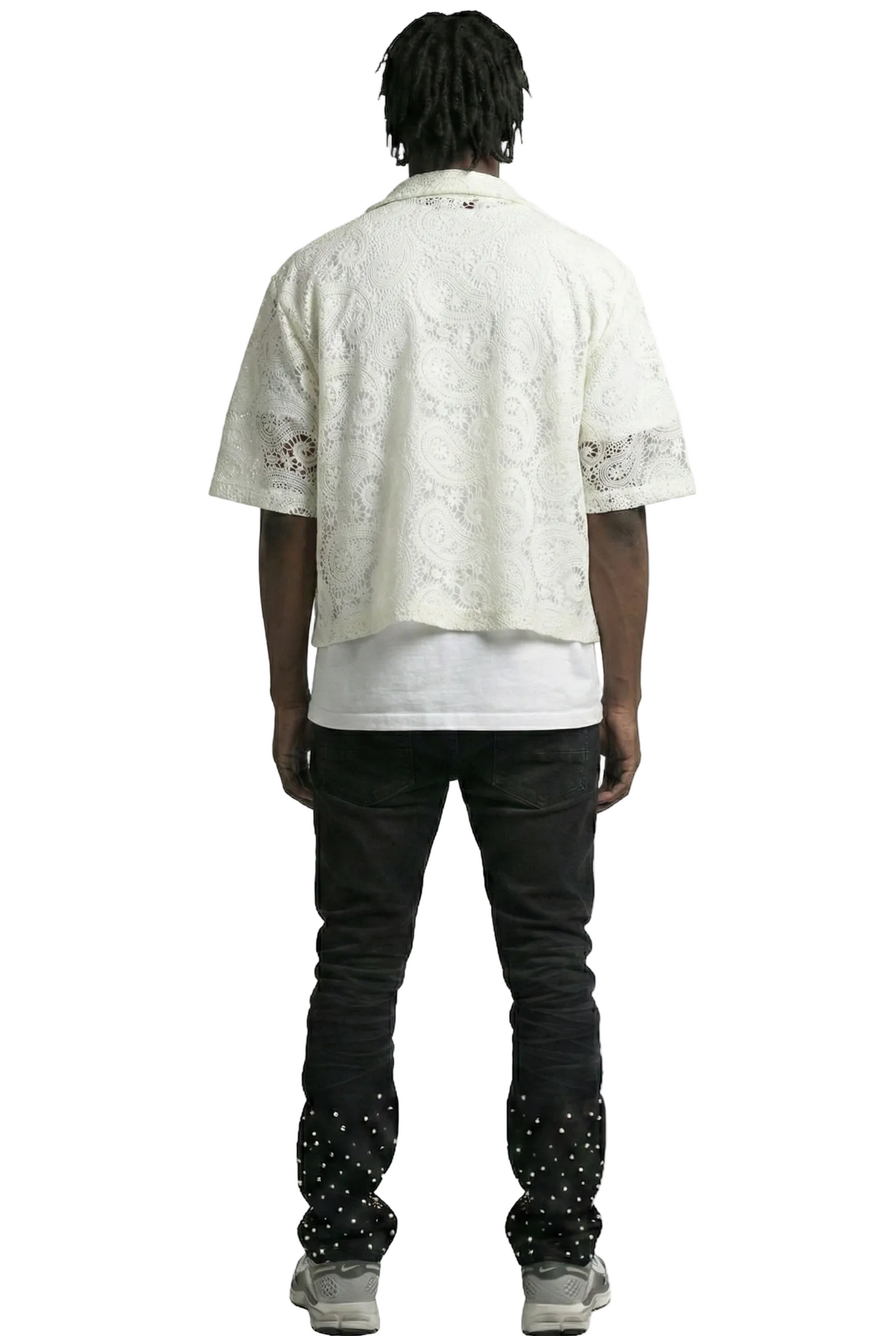 DEEZ Paisley Mesh Crop Top Short Sleeve Buttondown Shirt