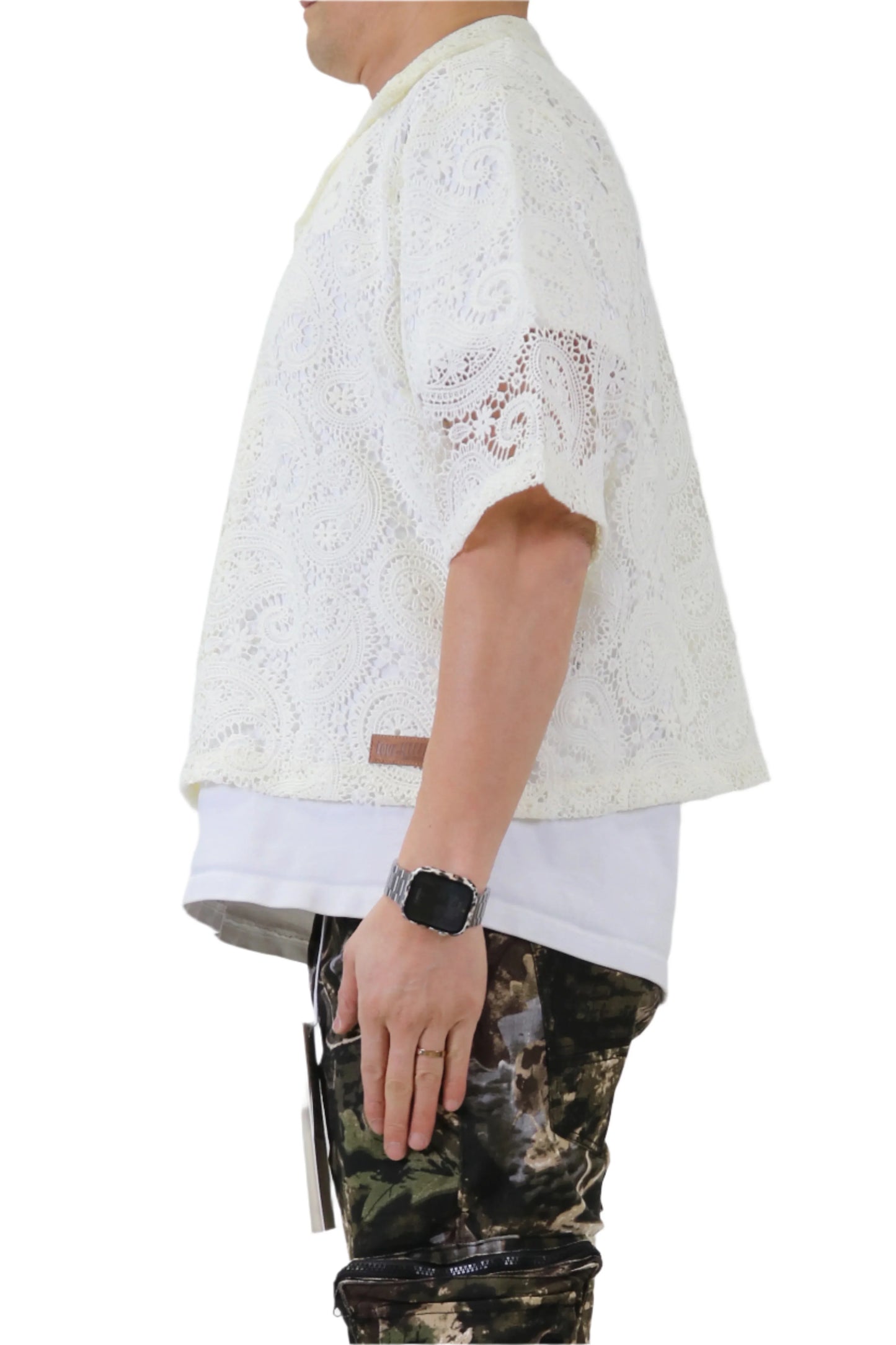 DEEZ Paisley Mesh Crop Top Short Sleeve Buttondown Shirt