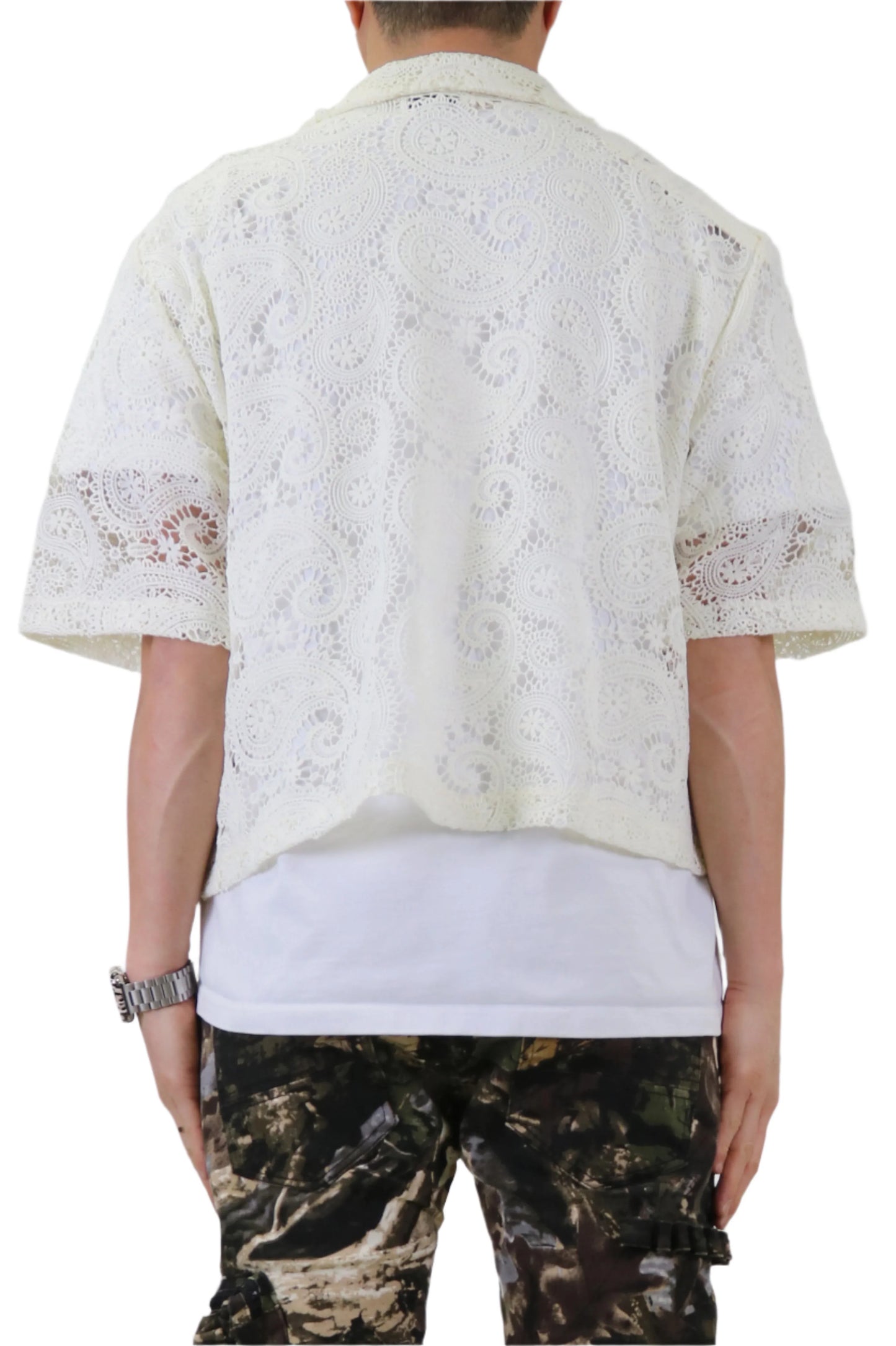DEEZ Paisley Mesh Crop Top Short Sleeve Buttondown Shirt