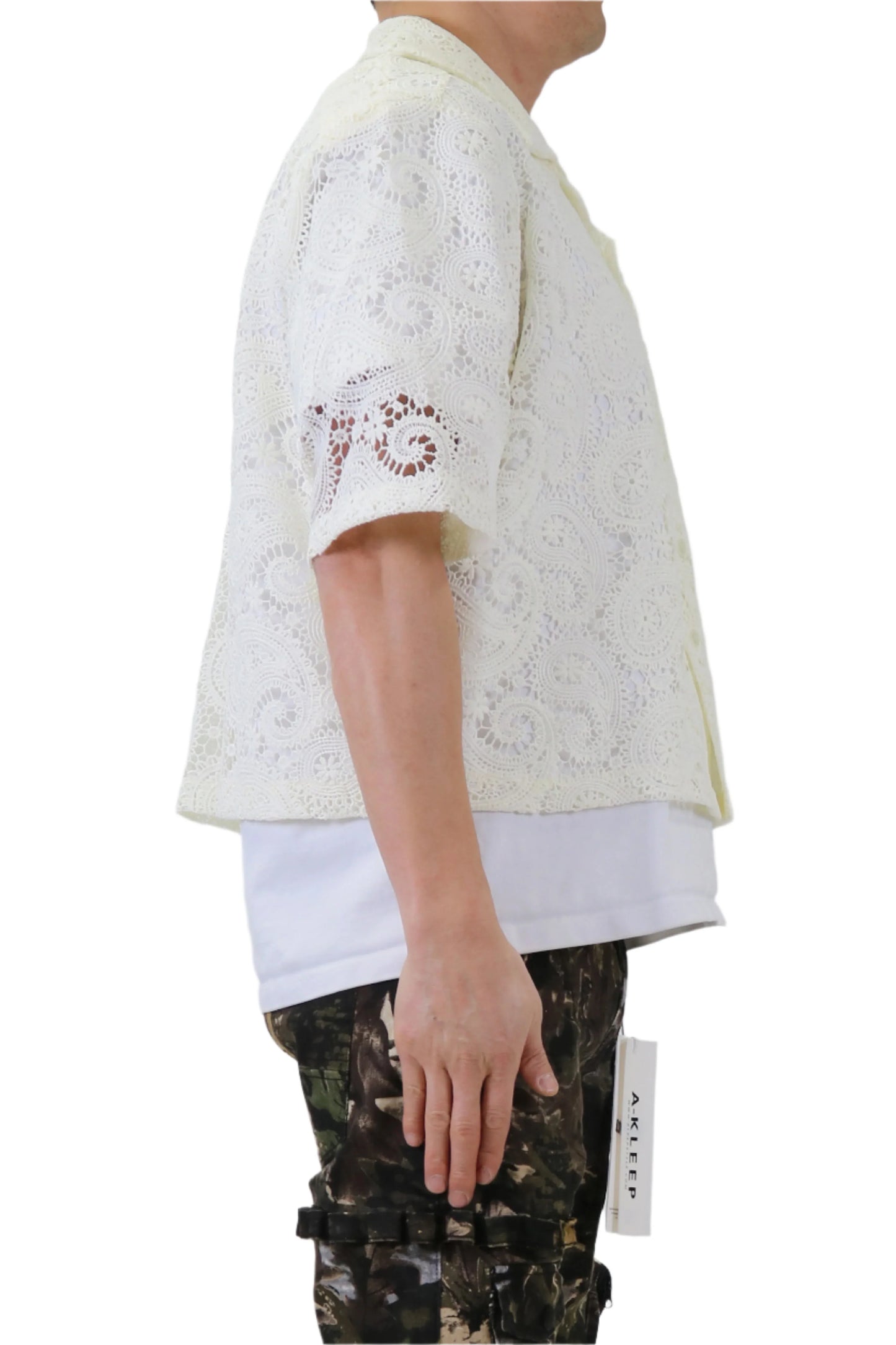 DEEZ Paisley Mesh Crop Top Short Sleeve Buttondown Shirt