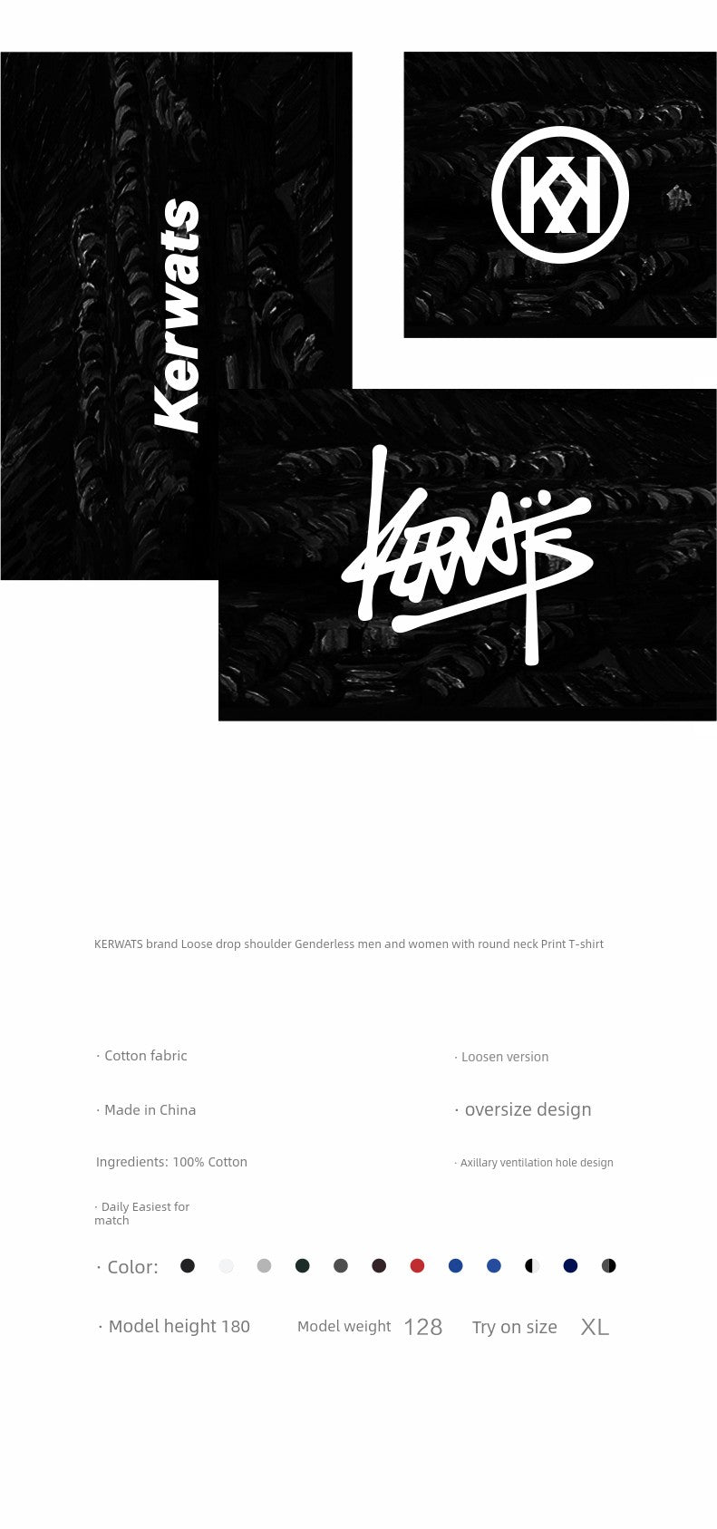 Kerwats Large Size Letters Retro Drop Shoulder Short Sleeve T-Shirt