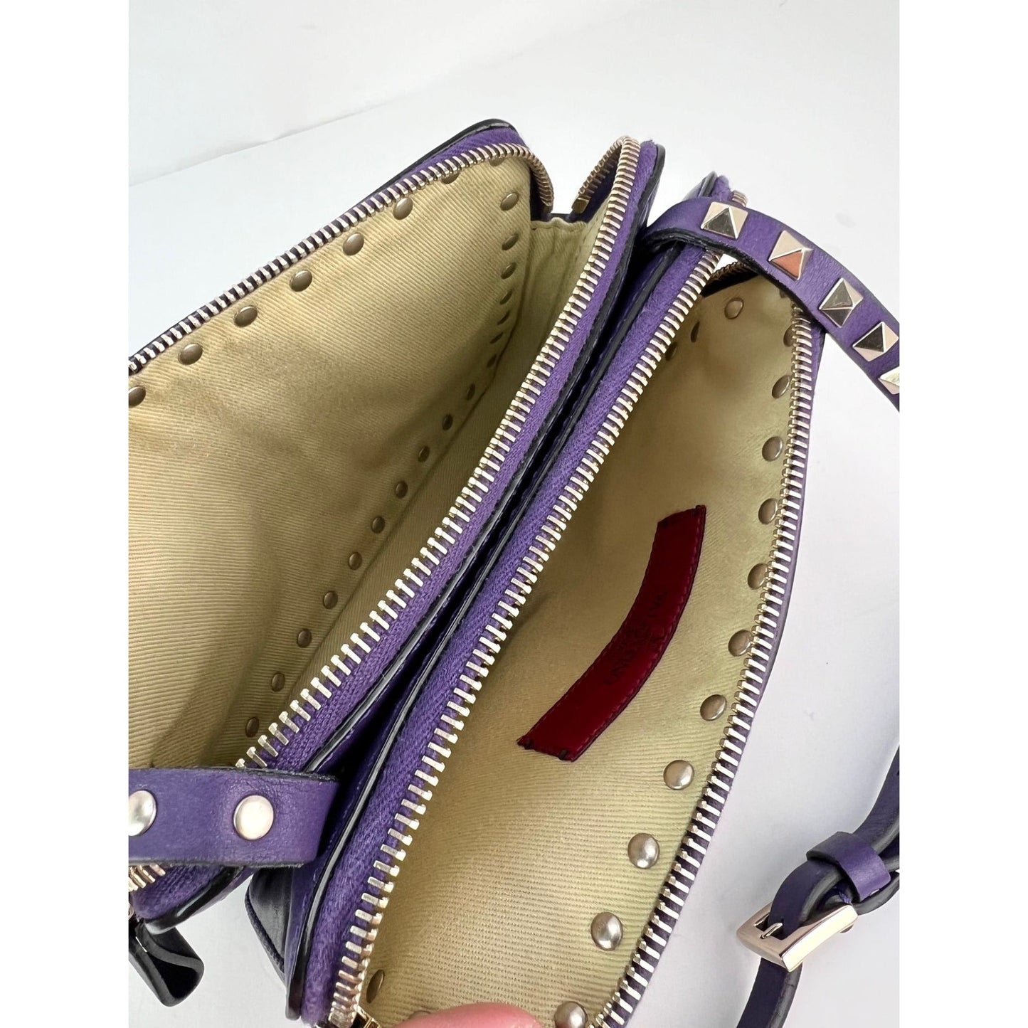 Valentino Rockstud Double Zip Purple Leather Crossbody Bag